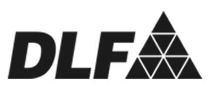 DLF logo in black with bold italic letters and three black triangles arranged in a pyramid shape on the right